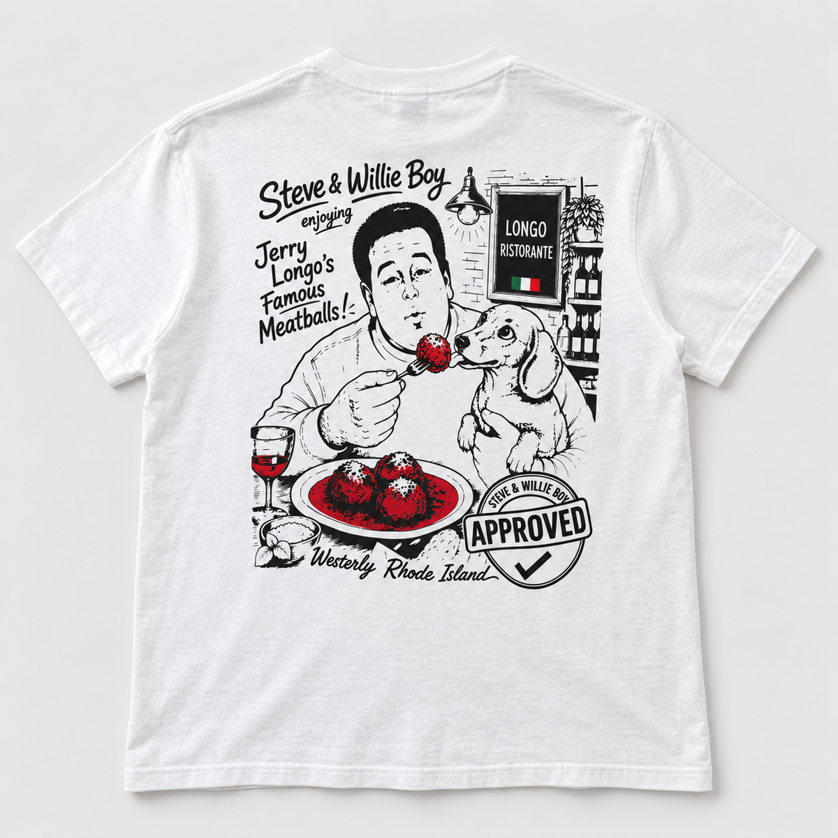 Back of white Longo's T-shirt featuring Jerry, Willie Boy, meatballs, and Westerly Rhode Island artwork
