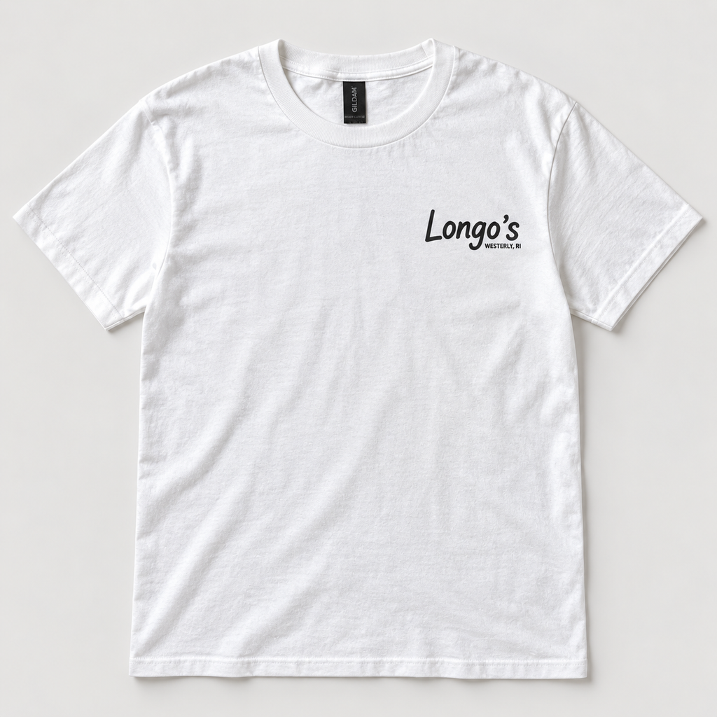 Front of white Longo's Westerly, RI T-shirt with chest logo