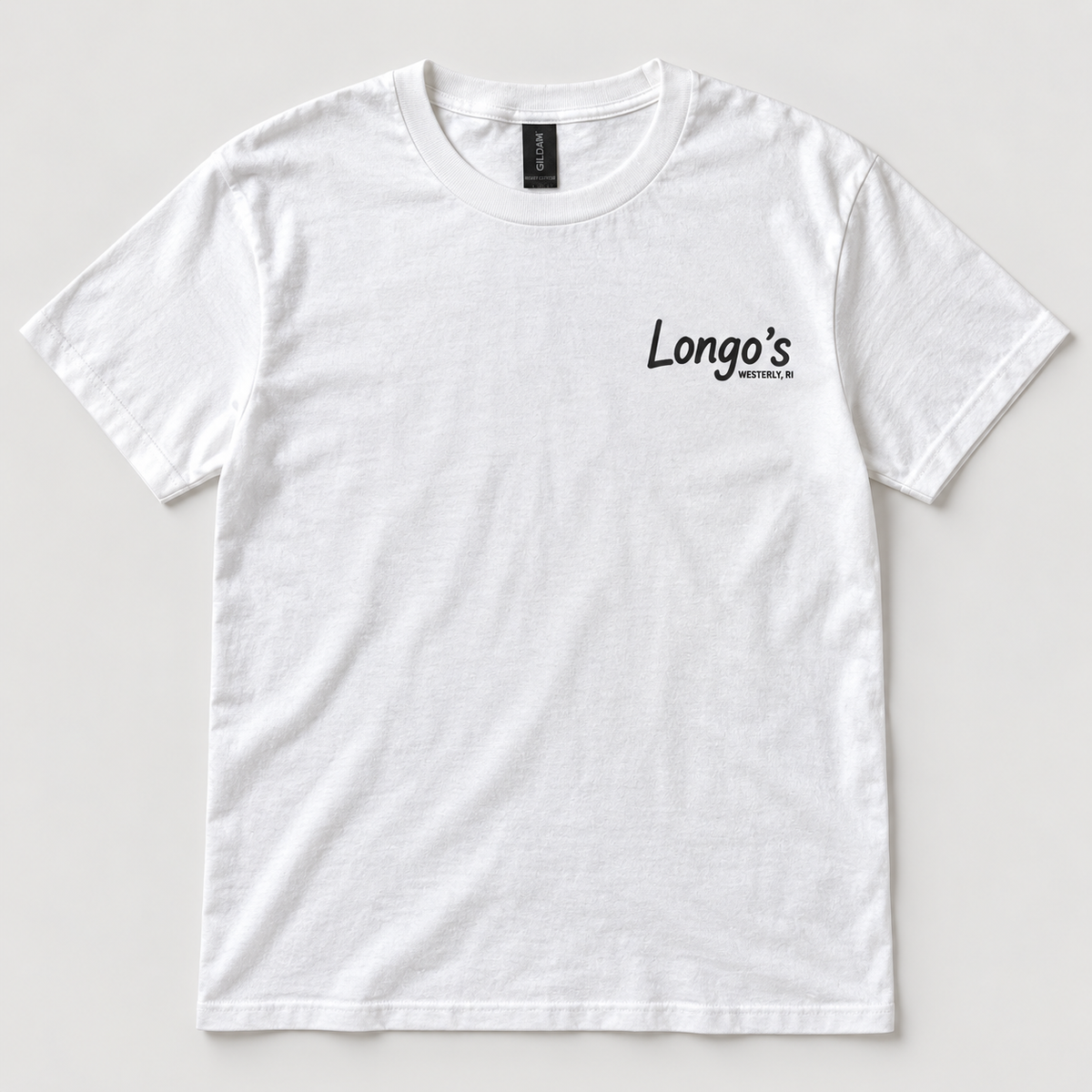 Front of white Longo's Westerly, RI T-shirt with chest logo