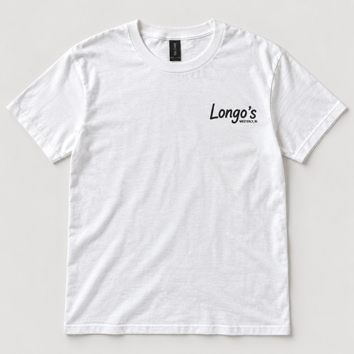 Front of white Longo's Westerly, RI T-shirt with chest logo