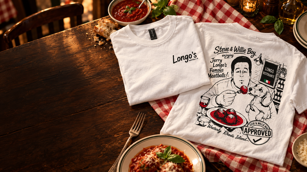 Longo's Famous Meatballs T-shirt front and back styled on an Italian restaurant table