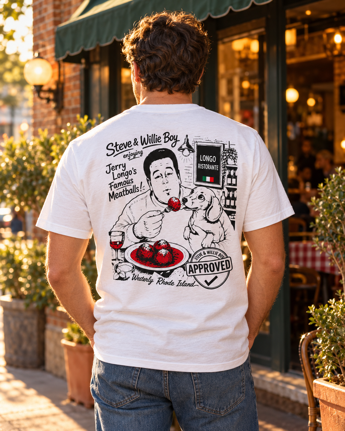 Model wearing the Longo's Famous Meatballs T-shirt outside an Italian restaurant